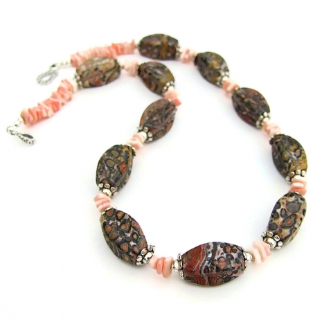 handmade jewelry shadow dog designs necklaces earrings jasper leopardskin artisan gemstone fluted shell walk necklace wild unique side pink